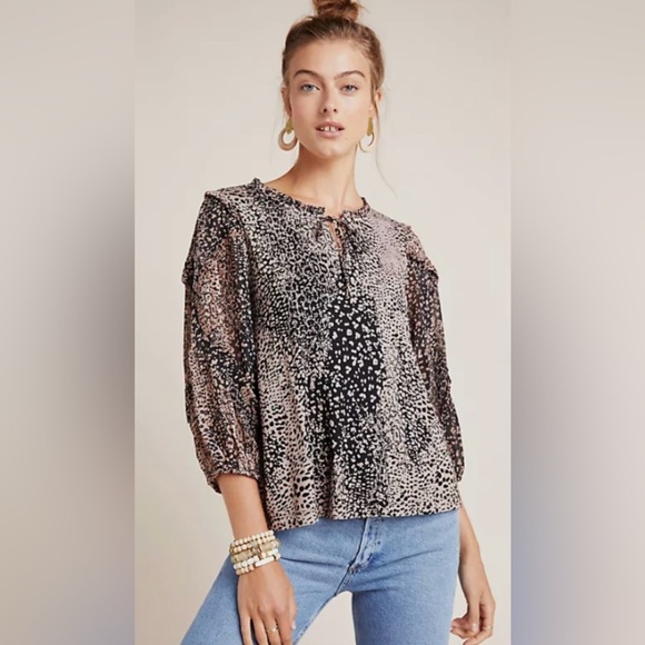 Anthropologie Maeve Jacquin Animal Print Peasant Top XS Bohemian Business Boho‎ - Picture 1 of 12